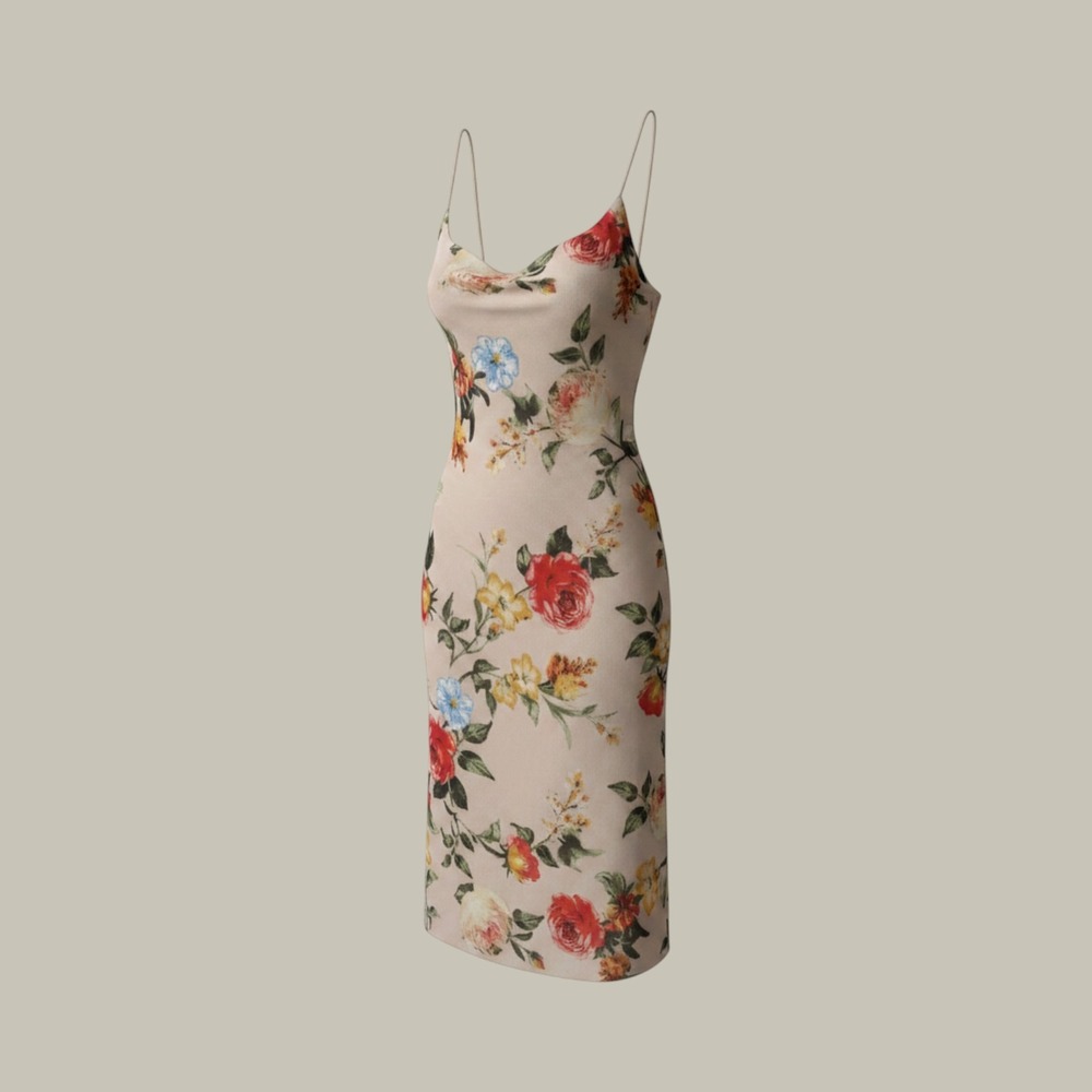 Polly & Esther Floral Mesh Cowl Neck Midi Dress Beige Pink Red Rose Lettuce Hem